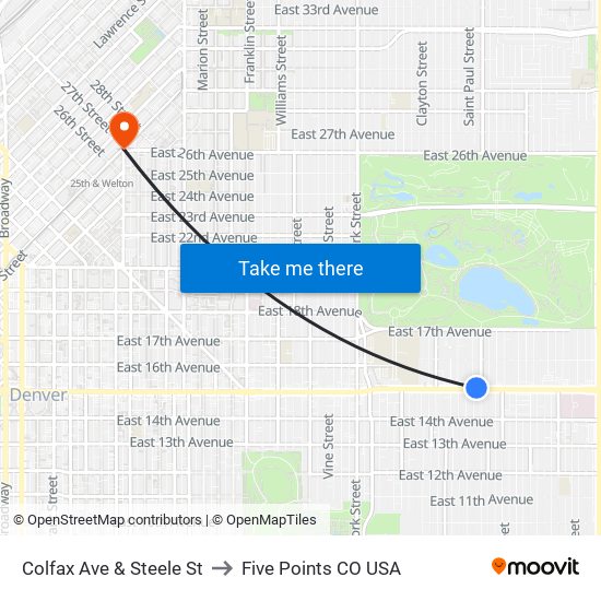 Colfax Ave & Steele St to Five Points CO USA map