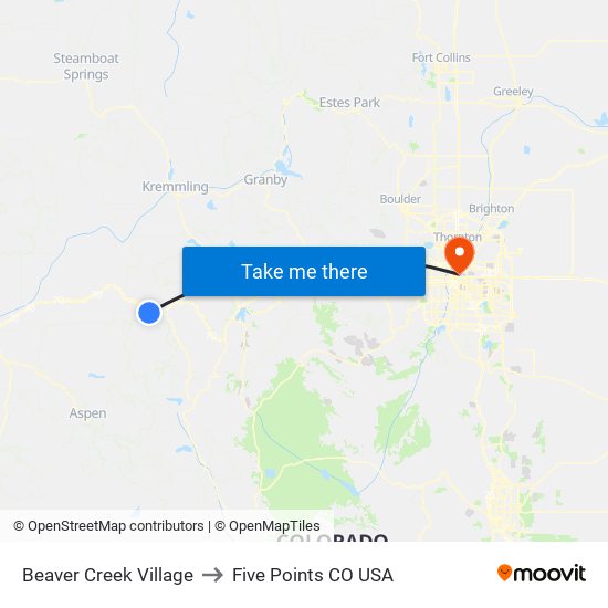 Beaver Creek Village to Five Points CO USA map