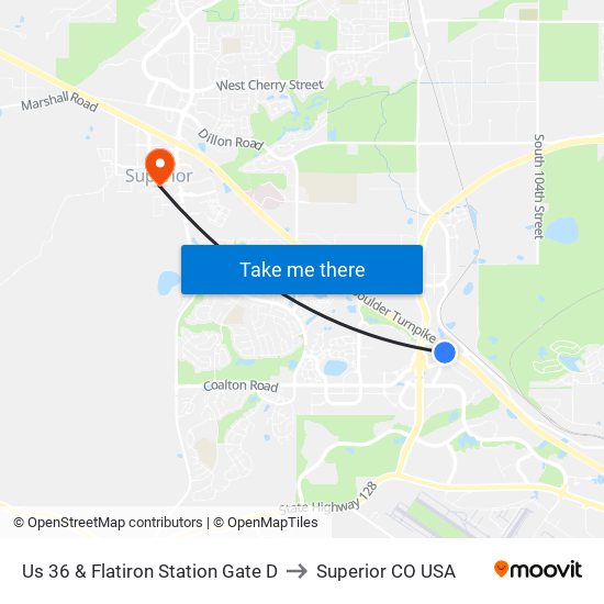 Us 36 & Flatiron Station Gate D to Superior CO USA map