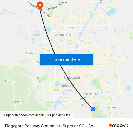 Ridgegate Parkway Station to Superior CO USA map