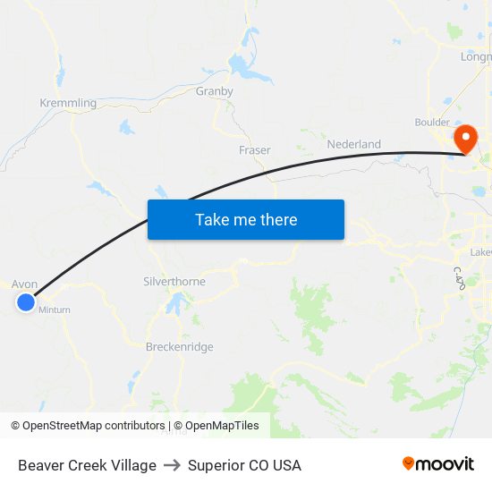 Beaver Creek Village to Superior CO USA map