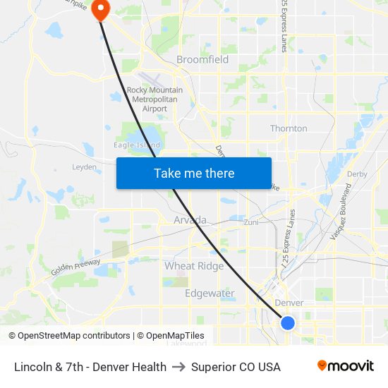 Lincoln & 7th - Denver Health to Superior CO USA map