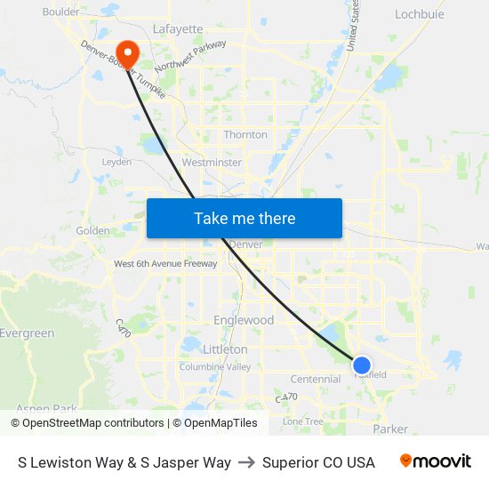 S Lewiston Way & S Jasper Way to Superior CO USA map