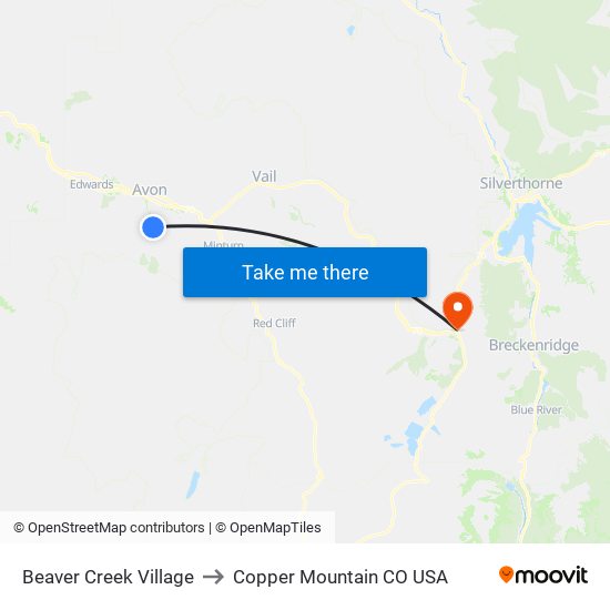 Beaver Creek Village to Copper Mountain CO USA map