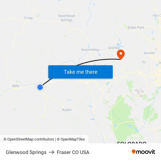 Glenwood Springs to Fraser CO USA map