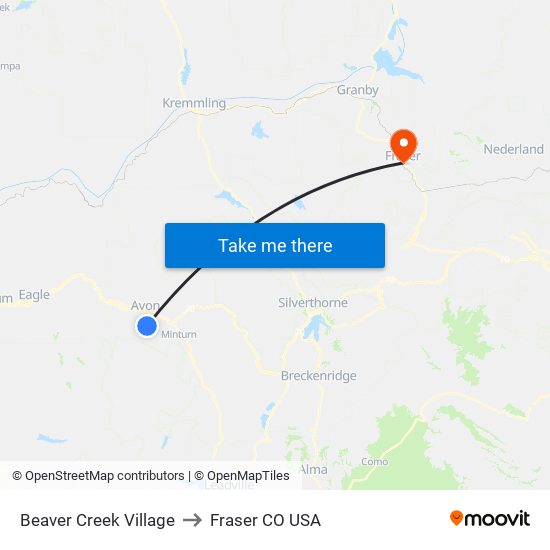 Beaver Creek Village to Fraser CO USA map