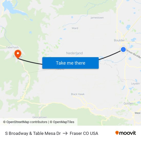 S Broadway & Table Mesa Dr to Fraser CO USA map
