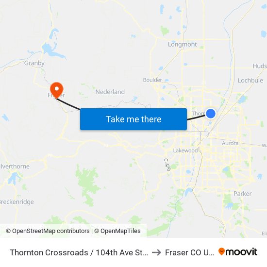 Thornton Crossroads / 104th Ave Station to Fraser CO USA map
