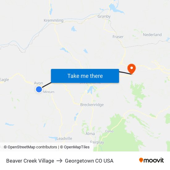 Beaver Creek Village to Georgetown CO USA map
