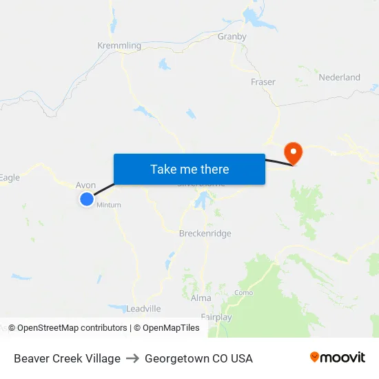 Beaver Creek Village to Georgetown CO USA map