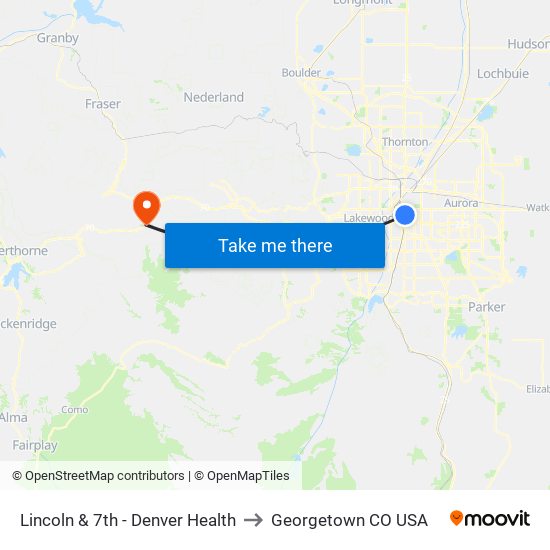 Lincoln & 7th - Denver Health to Georgetown CO USA map