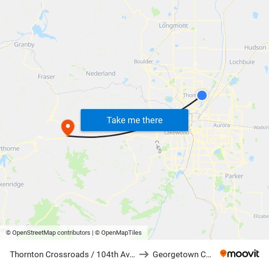 Thornton Crossroads / 104th Ave Station to Georgetown CO USA map