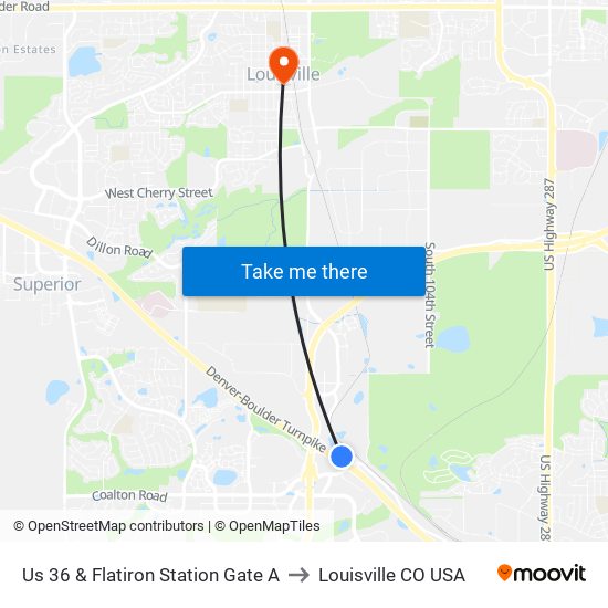 Us 36 & Flatiron Station Gate A to Louisville CO USA map