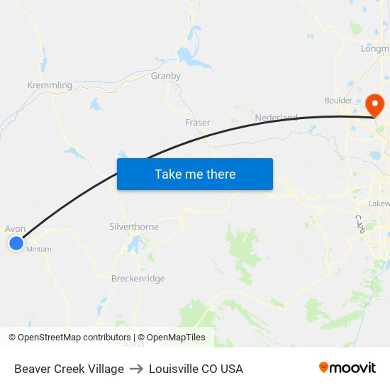 Beaver Creek Village to Louisville CO USA map