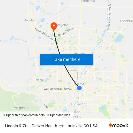 Lincoln & 7th - Denver Health to Louisville CO USA map