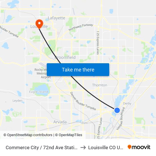 Commerce City / 72nd Ave Station to Louisville CO USA map