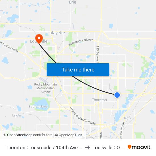 Thornton Crossroads / 104th Ave Station to Louisville CO USA map