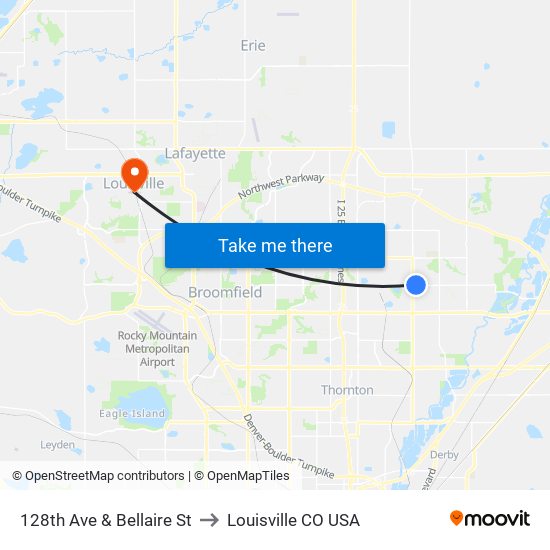 128th Ave & Bellaire St to Louisville CO USA map