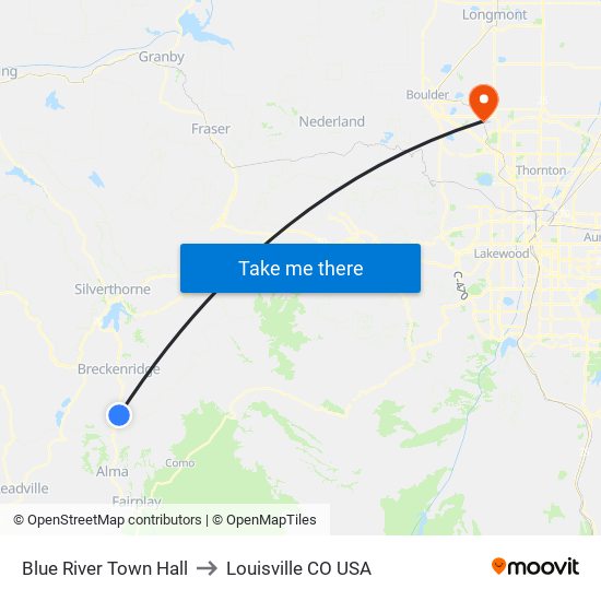 Blue River Town Hall to Louisville CO USA map