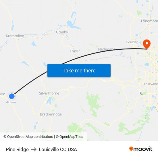 Pine Ridge to Louisville CO USA map