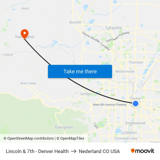 Lincoln & 7th - Denver Health to Nederland CO USA map