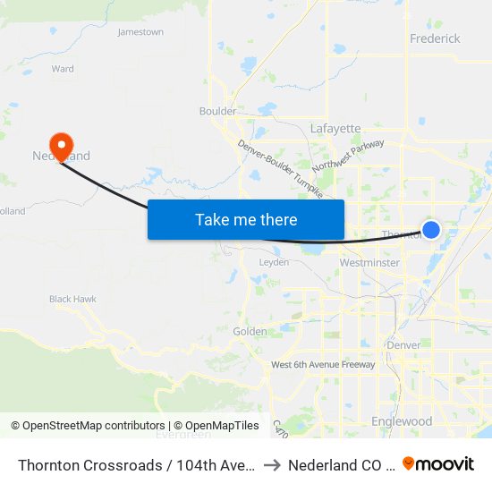 Thornton Crossroads / 104th Ave Station to Nederland CO USA map