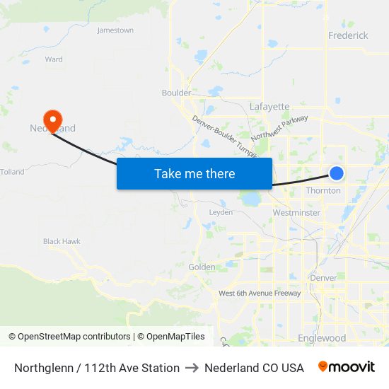 Northglenn / 112th Ave Station to Nederland CO USA map