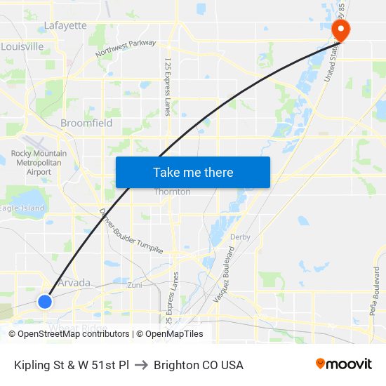 Kipling St & W 51st Pl to Brighton CO USA map