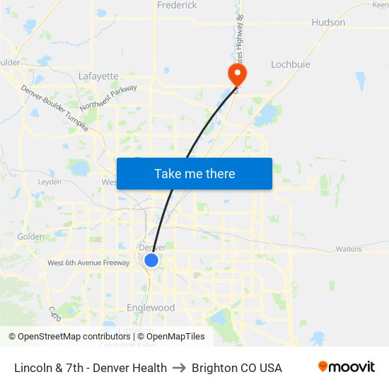 Lincoln & 7th - Denver Health to Brighton CO USA map