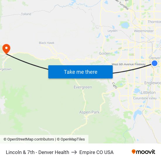 Lincoln & 7th - Denver Health to Empire CO USA map