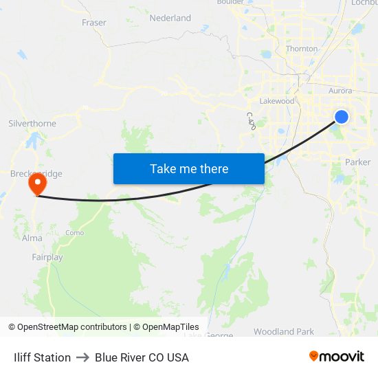 Iliff Station to Blue River CO USA map