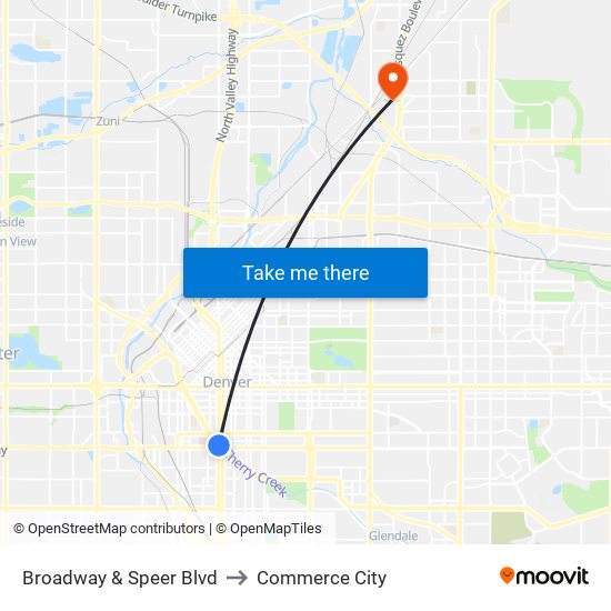 Broadway & Speer Blvd to Commerce City map