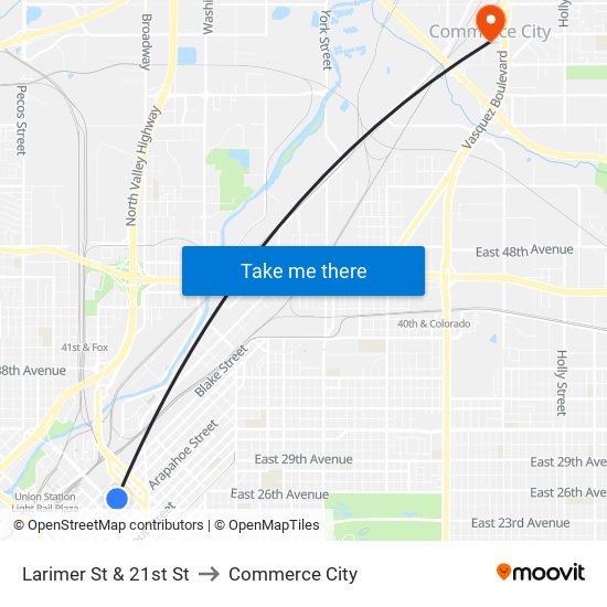 Larimer St & 21st St to Commerce City map