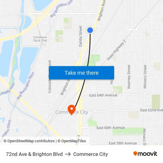 72nd Ave & Brighton Blvd to Commerce City map