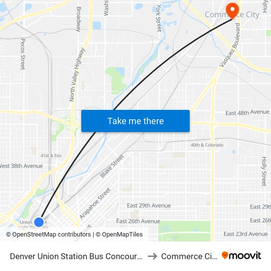 Denver Union Station Bus Concourse to Commerce City map