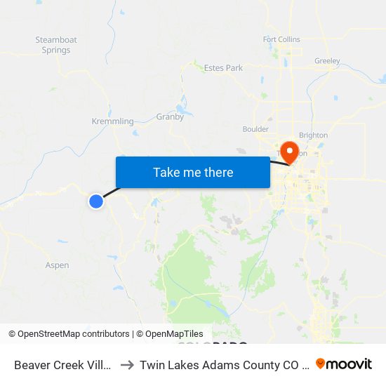 Beaver Creek Village to Twin Lakes Adams County CO USA map