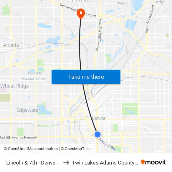 Lincoln & 7th - Denver Health to Twin Lakes Adams County CO USA map
