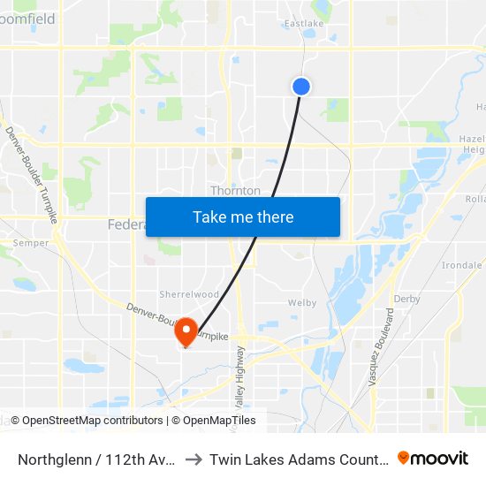 Northglenn / 112th Ave Station to Twin Lakes Adams County CO USA map