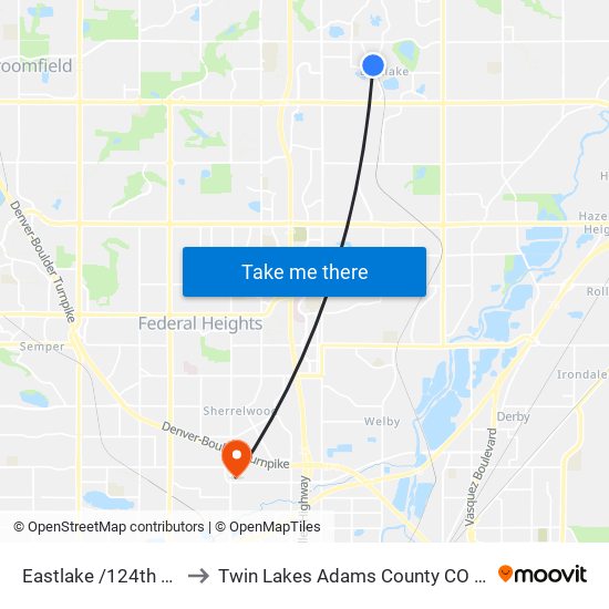 Eastlake /124th Ave to Twin Lakes Adams County CO USA map