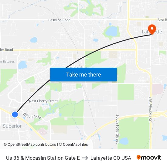 Us 36 & Mccaslin Station Gate E to Lafayette CO USA map