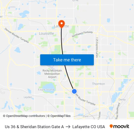 Us 36 & Sheridan Station Gate A to Lafayette CO USA map