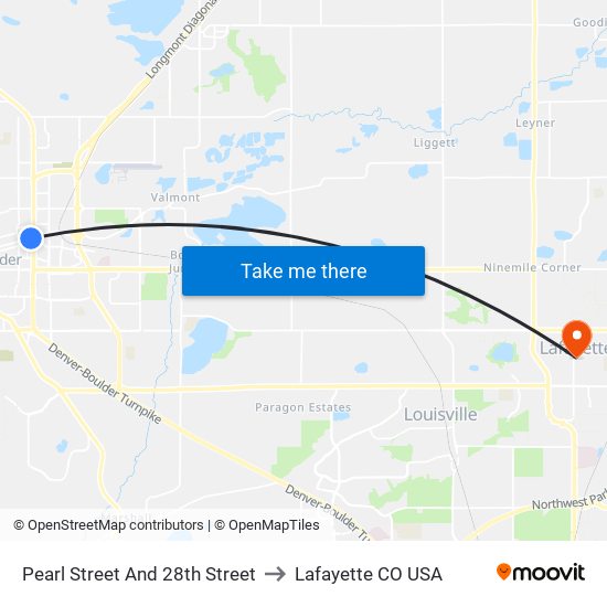 Pearl Street And 28th Street to Lafayette CO USA map