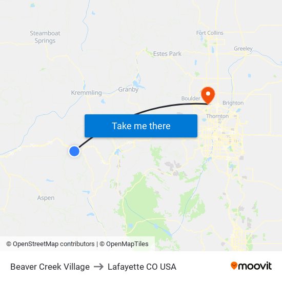 Beaver Creek Village to Lafayette CO USA map