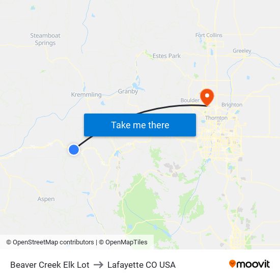 Beaver Creek Elk Lot to Lafayette CO USA map