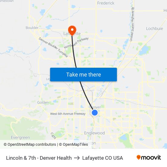 Lincoln & 7th - Denver Health to Lafayette CO USA map