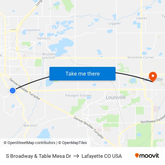 S Broadway & Table Mesa Dr to Lafayette CO USA map