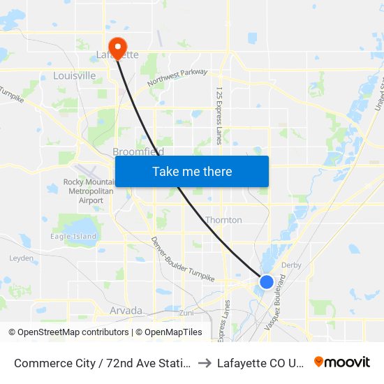 Commerce City / 72nd Ave Station to Lafayette CO USA map
