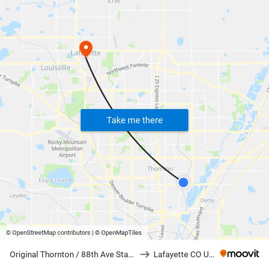 Original Thornton / 88th Ave Station to Lafayette CO USA map