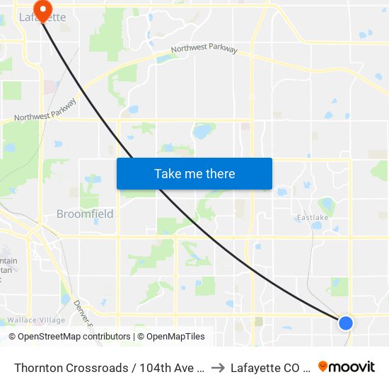 Thornton Crossroads / 104th Ave Station to Lafayette CO USA map