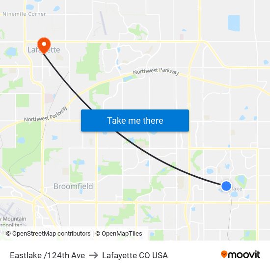 Eastlake /124th Ave to Lafayette CO USA map